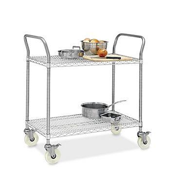 China Restaurant Wire Utility  Cart , 2 - Layer Wire Mesh Rolling Cart 30