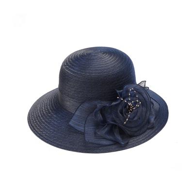 China Breathable Navy Flower Large Women's Formal Dress Organza Foldable High Quality Hat for sale