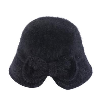 China COMMON Split Soft Plush Fisherman's Female Bow Hat Black Winter Warm Hat for sale