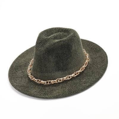 China Comfortable Chenille Hat Women's Autumn Winter Panama Hat Stain Green Gold Chain Military Fedora Hats for sale