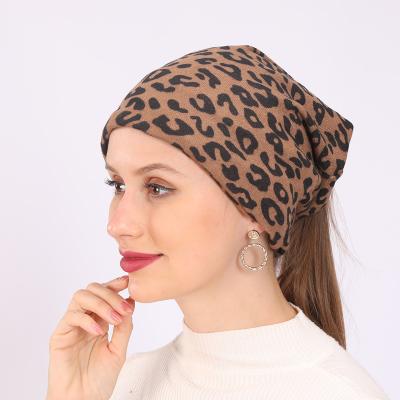 China Neck Head Leopard Print Breathable Warm Windproof Hat Knitted Sweater Hat Scarf Set Dual Function for sale