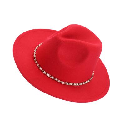 China Party Proper Beads Panama Hat Red Flat Brim Felted Hats Ladies Party Tweed Hat for sale