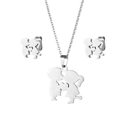 China FASHIONABLE designer little boy and girl kiss couples necklace and earring stainless steel jewelry set for women for sale