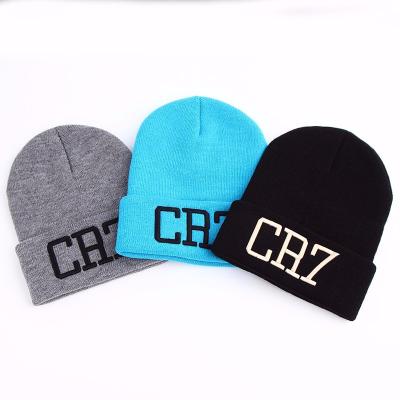 China CR7 Autumn Winter Acrylic Unisex Cheap Fashion COMMON Solid Sports Beanies Plain Striped Knitted Hat for sale