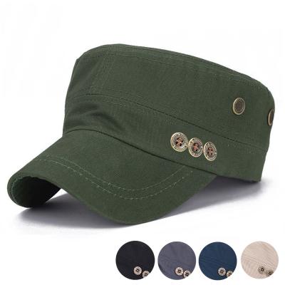 China Plush Man Cotton Solid Color Flat Top Classic Adjustable Army Military Green Flat Cap Hat for sale