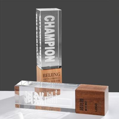 China China Custom Crystal Awards Etched Logo Laser Trophy With Wooden Base Trophy Business Gifts for sale