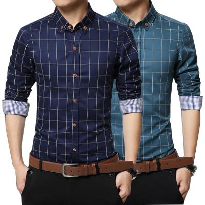 China Anti-pilling Anti-pilling Fashion Men Slim Fit Long Sleeve Shirt Plaid Cotton Peach Business Tangerine Collar Button Down Shirts Plus Size for sale