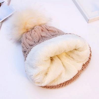 China breathable & waterproof breathable & Winter Hood Women Soft Thick Fleece Waterproof Striped Sports Beanie With Faux Fur Pom Knitted Double Layer Pom Hats Fashion Wild Outdoor for sale