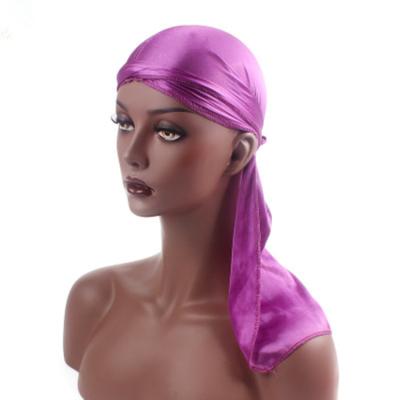 China Silky Silk Sleep Hat Character Long Logo Durag Head Wrap Turban Satin Hair Hood Tail Ties Headwraps To Cover Custom Overflow for sale