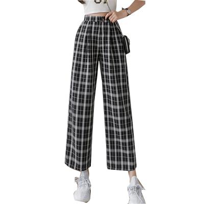 China Anti-Wrinkle Women Elastic Waist Pants Cotton And Plaid Pants Canvas High Waist Plus Size Wide Leg Pants Casual Female Korean Pants for sale