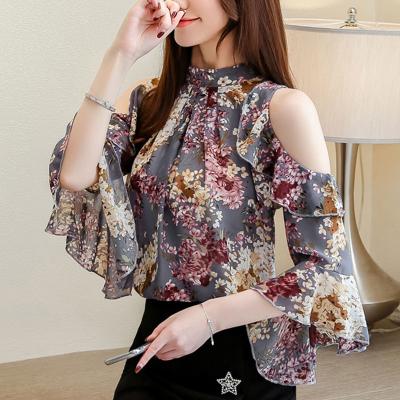 China Anti Pilling Anti Pilling Ladies Tops Floral Chiffon Blouse For Women Tops Ruffles Stand Up Butterfly Sleeve Blusas Hollow Plus Szie for sale