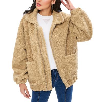 China Winter Anti Wrinkle Ladies Camel Brown Fluffy Plush Jackets Fashion Long Sleeve Zipper Teddy Faux Fur Coat for sale