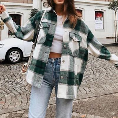 China Long Thick Wool Autumn Shirts Coats Women Streetwear Leeve Coat Fashion Jacket Winter Anti-pilling Plaid Green Oversized Lapel Pocket for sale