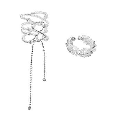 China Chain Tie Crystal Ring White Crystal Beading Chain Strap Lace 925 Sterling Silver Beaded Ring Set for sale