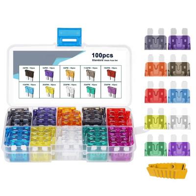 China Plastic + Metal Car RV Automotive Standard Bottom 2A 3A 5A 7.5A 10A 15A 20A 25A 30A 35A ATO Blade Fuse Assortment Auto Kit for sale