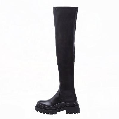 China Around 2022 New British Style Thick-legged Over-the-Knight Springs Thick-soled Boots Show Round Toe Thin Stretch Long Knee Boots for sale