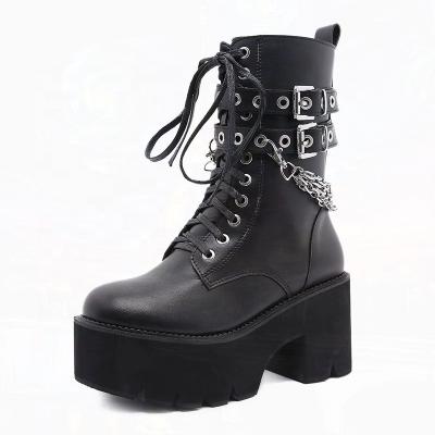 China Hot Selling Durable Shoe-Women Heals For Black Rivet Belt Buckle Buns Boots Shoes Side Zipper Martin Boots Women for sale