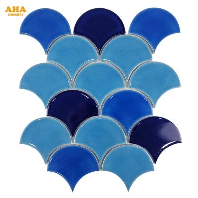 China Top Selling Parquet Mix Green Fish Scale Blue Mosaic Porcelain Ceramic Mosaic Slab For Bathroom for sale