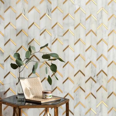 China Hot Sale Brass Insulator White Marble Herringbone Pattern Metal Parquet Slab Marble Waterjet Mosaic For Backsplash for sale