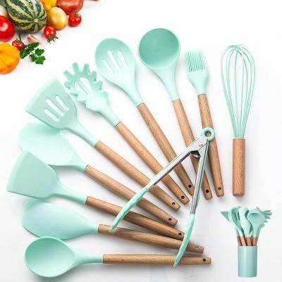 China Viable Silicone Kitchenware Cookware Set Cookware Spatula Shovel Egg Beaters Non-Stick Wooden Handle Kitchen Cooking Tool Kit for sale