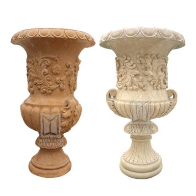 China EUROPEAN Roman Stone Planter Outdoor Garden Flower Pots Antique Decorative Beige Marble Plant High Tall Customized for sale