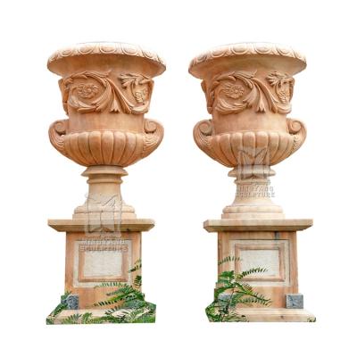 China EUROPEAN Tall Tall Garden Planter Outdoor Stone Flower Pot With Stand Wholesale Chinese Rosa Marble Flower Urn Cup Cloud Shape for sale