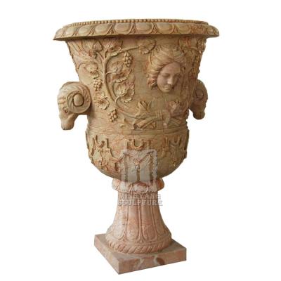 China Factory Price EUROPEAN High End Beige Marble Flower Pots Wholesale Large Stone Planter Chinese Garden Pot Cup Shaped Hand Carved for sale