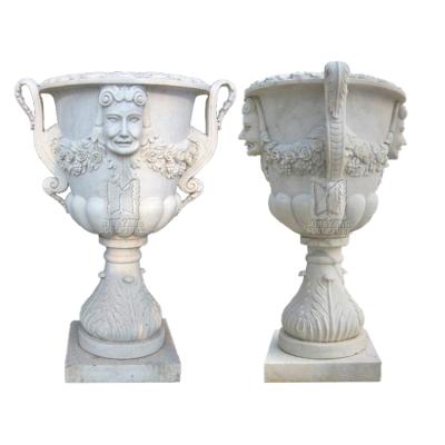 China European High Antique Stone Planter Pot With Relief Human Head Artistic Large Marble Flower Pot For Outdoor Decoration for sale