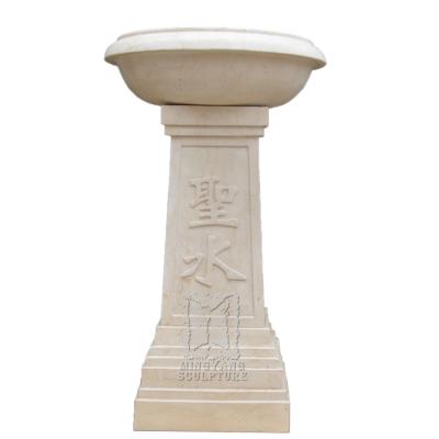 China Modern stone holy water font for church font natural beige marble hand carved for cathedral decoration factory price for sale