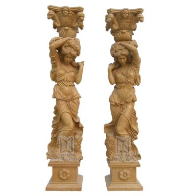 China Main Support European Marble Yellow Color Stone Pillar For European Buildings Female Statue Structure Style Support for sale