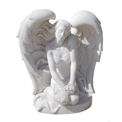 China Decorative Natural Stone Angel Marble Sculpture Church Garden Arkhangel Kneeling Sculpture Modern Religious Winged Female Hand Carved for sale