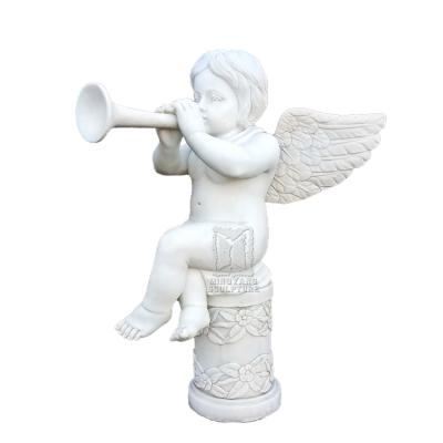 China Contemporary White Marble Angel Sculpture Life Size Naked Boy Nude Statue Playing Trumpet Statuary For Outdoor Decor for sale