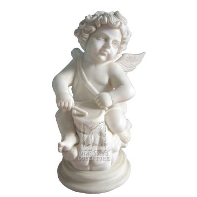 China Cute Contemporary White Marble Sculpture Beat Drum Angel Statue Stone Nude Cherub Garden Decor Customized On Sale for sale