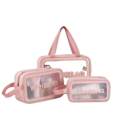 China Custom Three Piece Transparent Cosmetic Bag Fashion PU Translucent Frosted Portable Storage Bag for sale