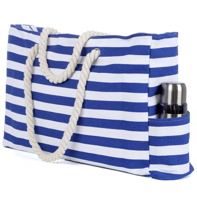 China Beach Tote Shoulder Bag For Women Waterproof Coating Large Canvas Towels Beach Shop Beach Bag Striped Zipper Top Closure for sale