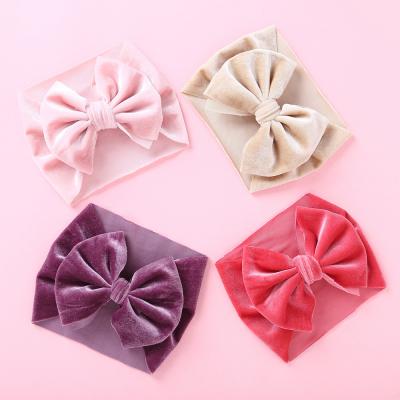 China 2020 New Velvet Bows Nylon Newborn Babies Wide Elastic Headbands Elastic Turban Head Wraps Toddler Bun Head Bands for sale