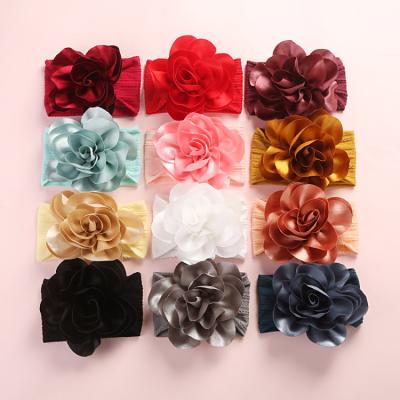 China Elastic Make Customized Large Flowers Silk Soft Nylon Headbands Wide Turban Headbands For Babies Hair Accessories for sale