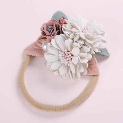 China Plant cute flowers hangers baby hairbands nylon cute floral bead elastic children kids hair accessories for sale