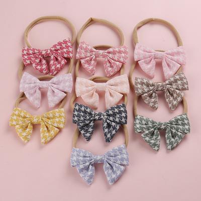 China Newest Design Cute Cloth Cotton Bows Nylon Hairbands Girls Soft Nylon Plaid Baby Hair Accessories for sale