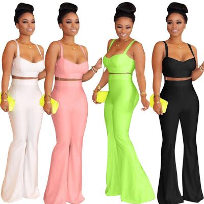 China 2020 Hot Sale Anti-pilling Fashion Halter Crop Tops Bell Bottom Rocket Pants Suits Women Two Piece Sets for sale