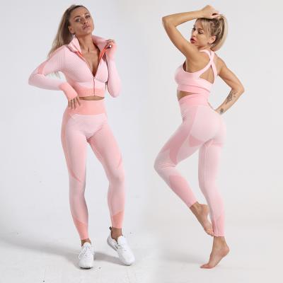 China 2021 Seamless Yoga Set 3 Pieces Workout Leg Warmers Breathable Bodybuilding Wear Active Exercise Women With Jacket for sale