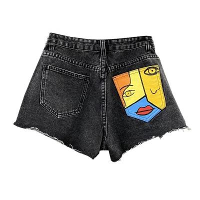 China Summer new high quality women's denim printing embroidery loose edges QUICK DRY high-waisted and slim rotten shorts line one for sale