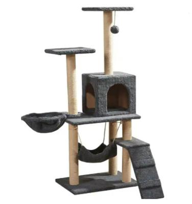 China Gray Elegant Plush Kitten Wooden Stocked Houses Entertainment Striping Mail Tower Cat Tree Platform for sale