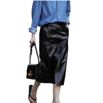 China Hong Kong Temperament High Waist A Line Female Celebrity Spring Anti-static Retro Patent Leather Skirt for sale