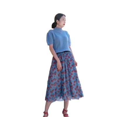 China New Fashion Boho Retro Rose Print Romantic Gauze Skirt Blue Floral Spring Anti-Static for sale