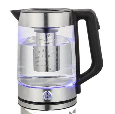 China 1.8 Degree Rotation Base Borosilicate Tea Kettle 360 ​​Degree Quick Boiling High Glass Electric Blue Lighting Reflection for sale