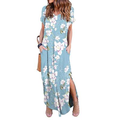 China 2021 Breathable New Summer Slit V-Neck Shorts Sheath Long Skirt Bohemian Floral Printing Plus Size Long Dress for sale