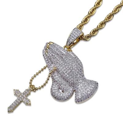 China AAA Cubic Zirconia Micro Pave Religious Iced Out Cross Necklace And Pendant For Men With Praying Hands for sale