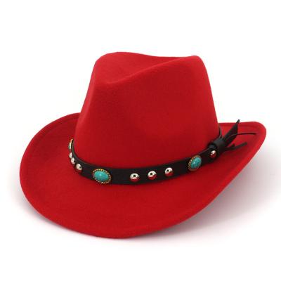 China Plush Fashion Autumn Winter Wide Brim Felt Cowboy Hat Felt Fedora With Decoration for sale