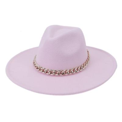 China New Plush Style Unisex Fedora Hats Couple Big Brim Fedora Hat With Metal Gold High Quality Felt Chain for sale